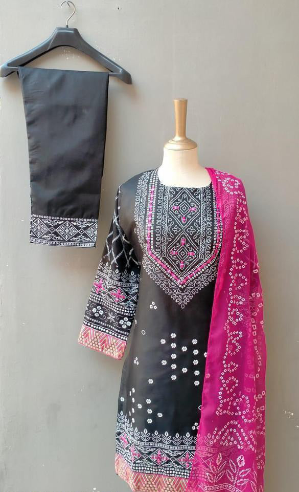 Black Ajrak Printed 3 Piece Stitched dress