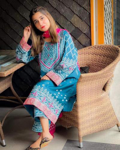 Blue Ajrak Printed 3 Piece dress