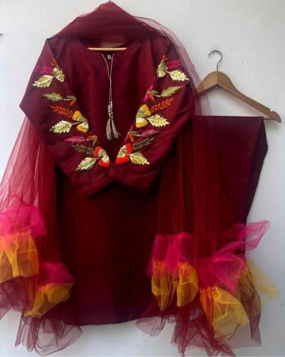 Frill Dupatta 3 Piece (Maroon)