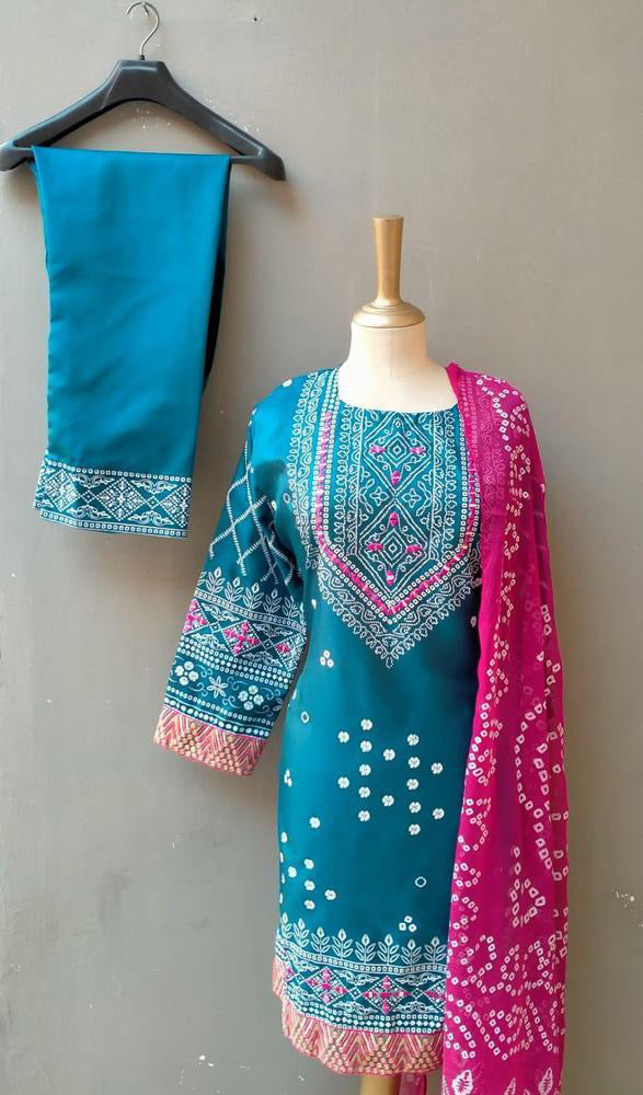 Blue Ajrak Printed 3 Piece dress