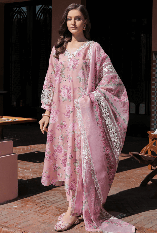 BAROQUE - BQU-D315-PINK Lawn & Khaddi Net Indulge in the luxurious charm of Baroque's BQU-D315-PINK collection, meticulously designed for sophistication and style: Shirt: Revel in the digital printed pure lawn 90/70 front, coupled with a matching back and