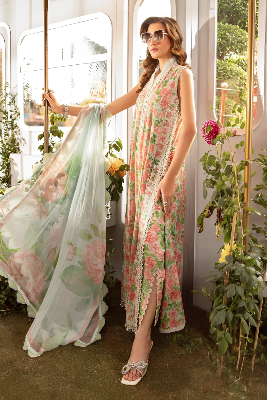 MARIA B Lawn & Silk Ensemble" "Discover MARIA.B's exquisite ensemble featuring a blend of lawn and silk fabrics. Detailed with digital prints, sequin embroidery, and embroidered patches for a luxurious appeal." Product Details: Digital printed 90/70 lawn