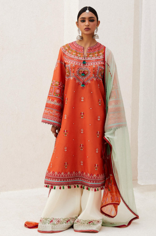 ZaraShahjahan Fine Quality Lawn Suit with Embroidered Chiffon Dopatta Step into sophistication with the ZaraShahjahan 3-piece suit, crafted from fine quality 90/70 lawn fabric and adorned with exquisite embroidery. The shirt features intricate embroidery