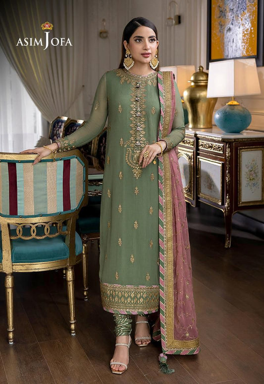 Asim Jofa Heavy Embroidery Chiffon Suit with Jamawar Trouser Elevate your wardrobe with the exquisite craftsmanship of Asim Jofa's Heavy Embroidery Chiffon Suit. This luxurious ensemble is meticulously crafted for those who appreciate elegance and sophist