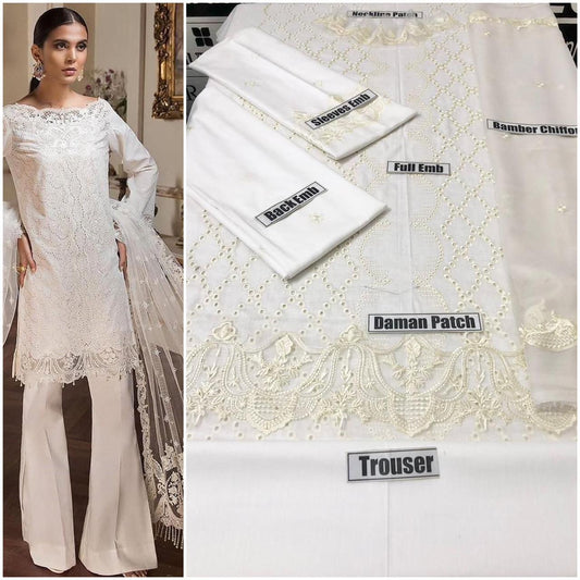 Lawn 3-Piece Embroidered dress 12 Discover luxury with our Summer Lawn Vol'24. Full heavy embroidery and Chikankari adorn the front, neckline, sleeves, back, and daman. Complete with a Bamber or Organza Dupatta featuring intricate embroidery or cutwork. P