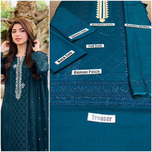 Lawn 3-Piece Embroidered dress 6 Discover luxury with our Summer Lawn Vol'24. Full heavy embroidery and Chikankari adorn the front, neckline, sleeves, back, and daman. Complete with a Bamber or Organza Dupatta featuring intricate embroidery or cutwork. Pr