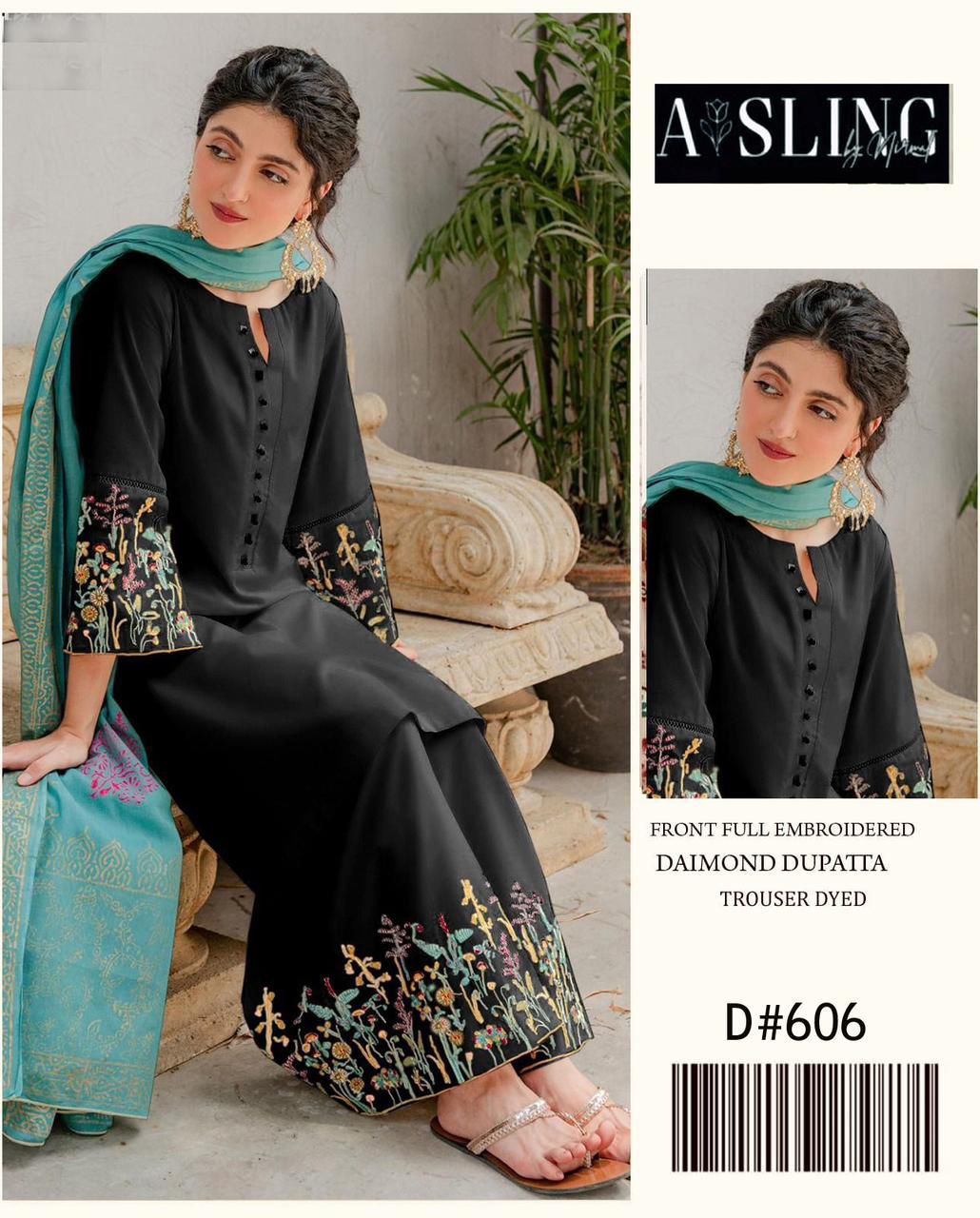 A sling Export Quality Lawn Ensemble "Experience A sling's premium lawn collection crafted from export-quality 90/70 lawn fabric. Featuring intricate embroidery, digital prints, and guaranteed vibrant colors." Product Details: Front neckline embroidered f