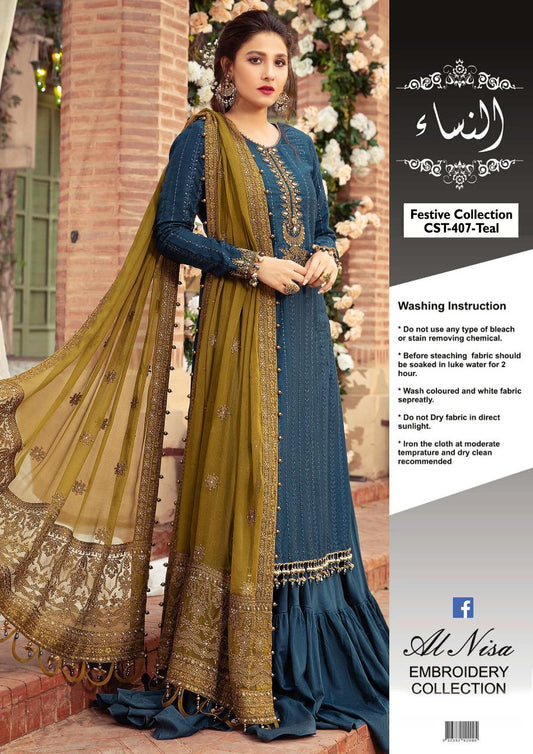 MARIA B Chiffon Embroidered Suit Fabric Details: Chiffon & Malai Collection: Alnisa Embroidery Collection Description: Front: Full embroidered sequence work on chiffon Back......