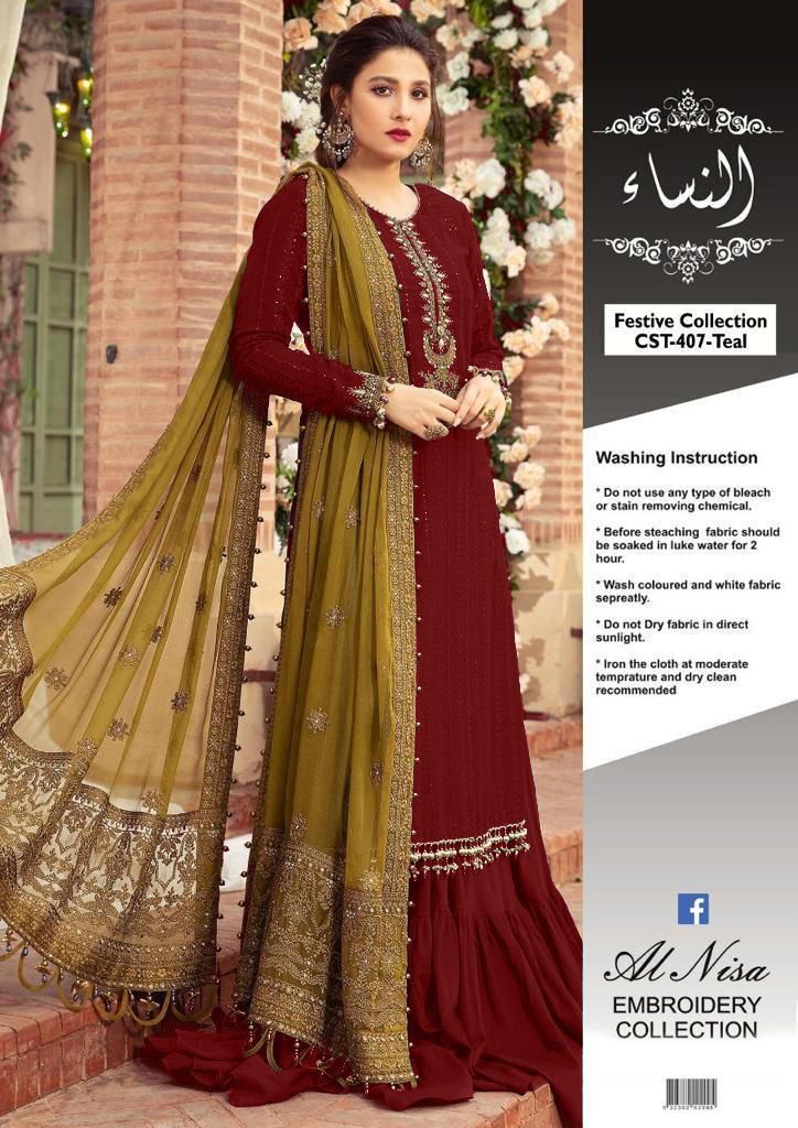 MARIA B Chiffon Embroidered Suit Fabric Details: Chiffon & Malai Collection: Alnisa Embroidery Collection Description: Front: Full embroidered sequence work on chiffon Back......