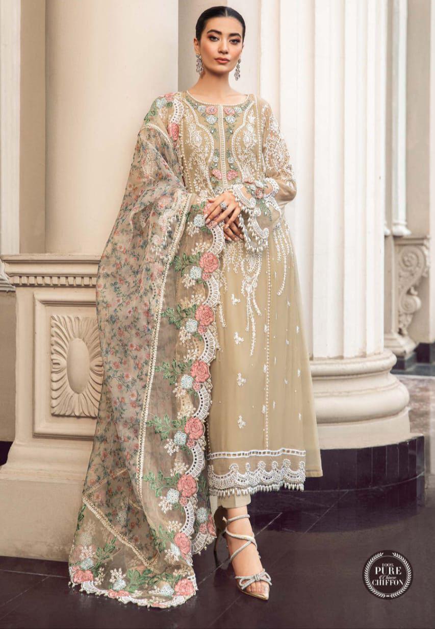 Maria B Chiffon Unstitched Embroidered Suit with Organza Dupatta | Semi Formal