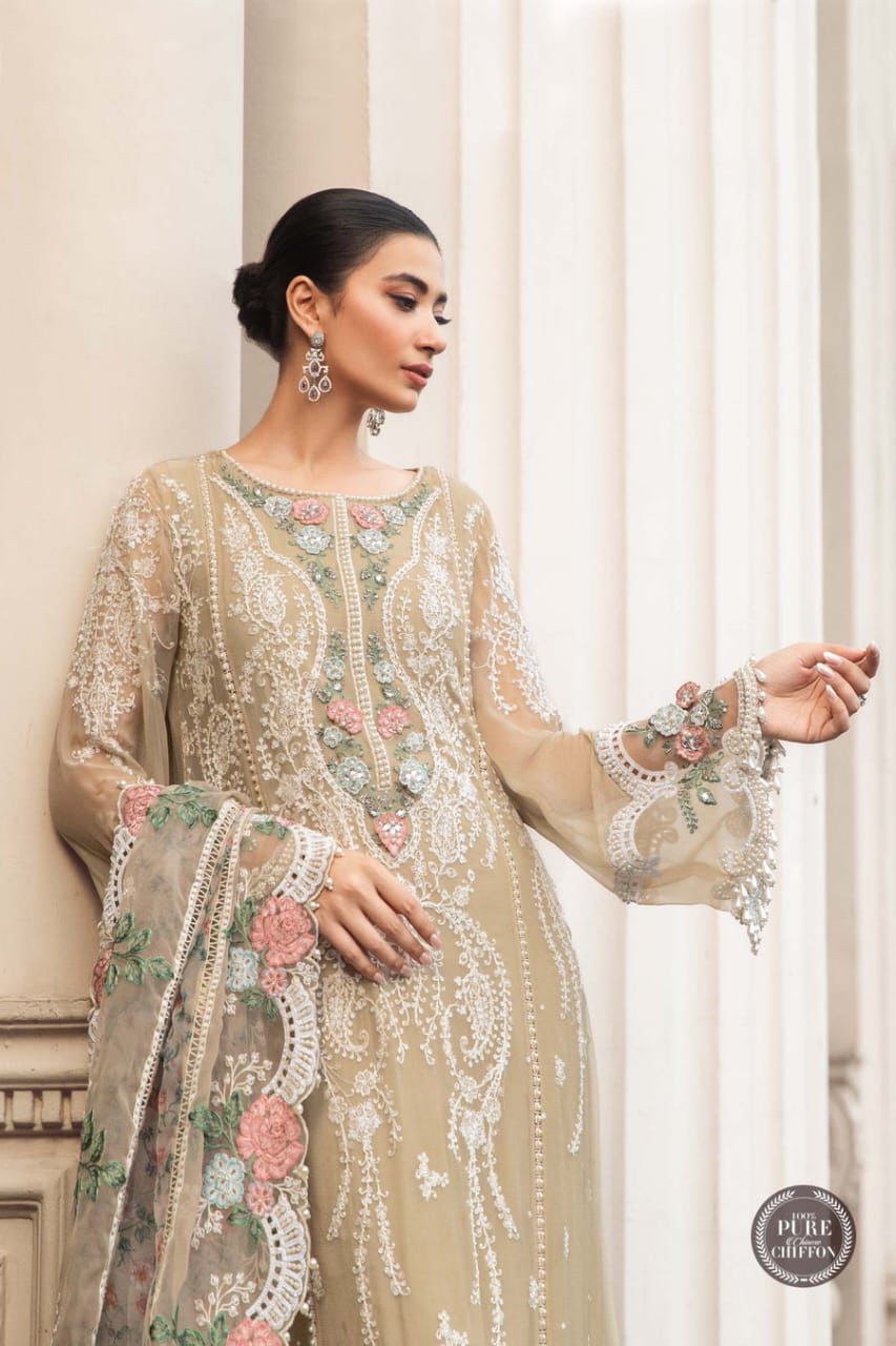 Maria B Chiffon Unstitched Embroidered Suit with Organza Dupatta | Semi Formal