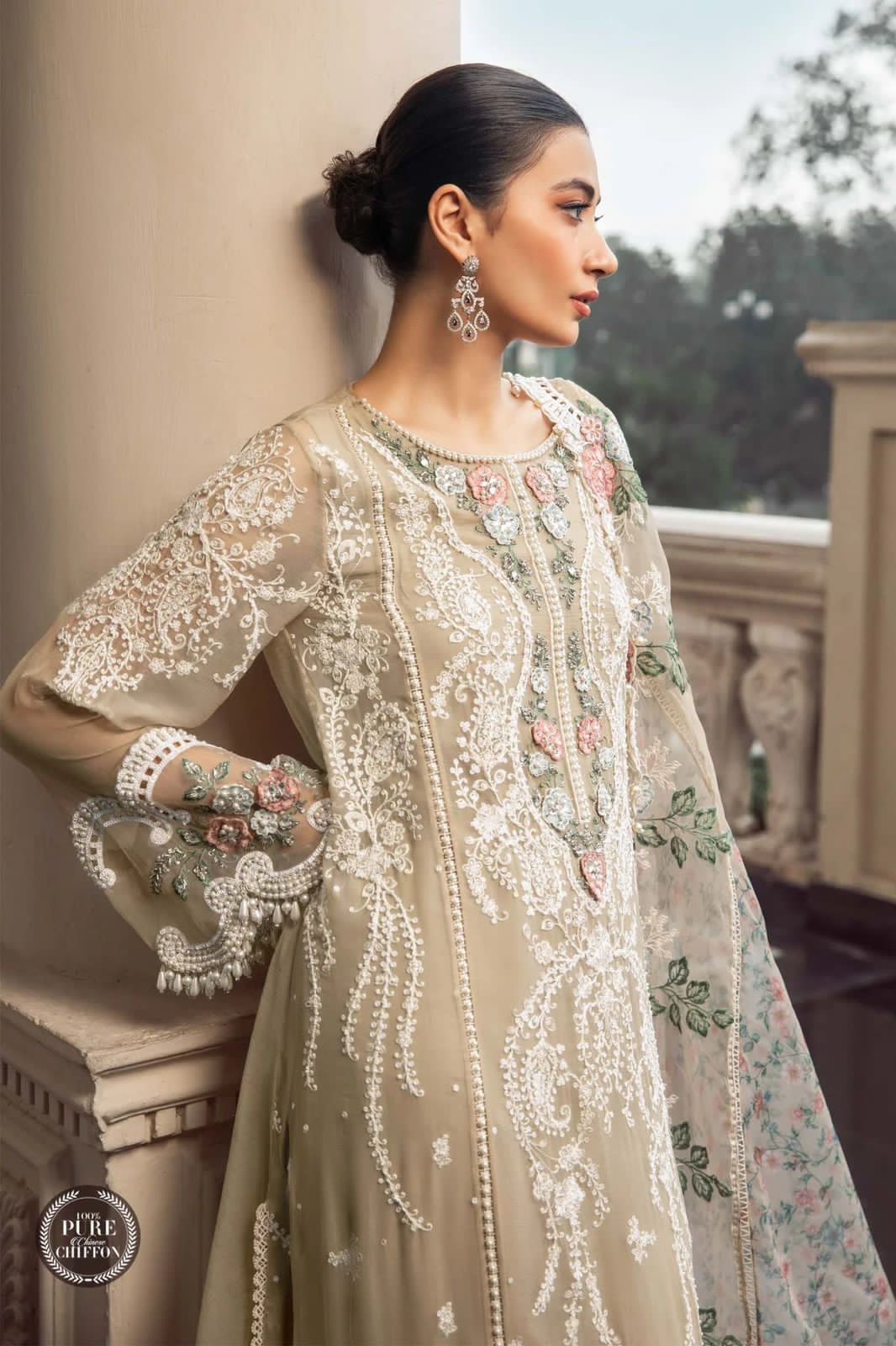 Maria B Chiffon Unstitched Embroidered Suit with Organza Dupatta | Semi Formal