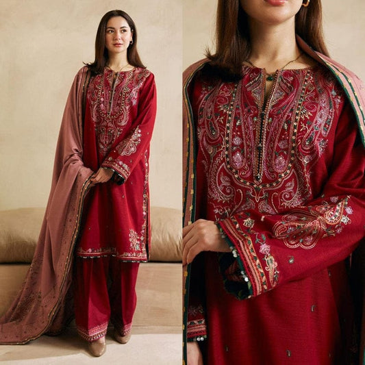 Coco Embroidered Dhanak 3-Piece Suit| Winter Collection