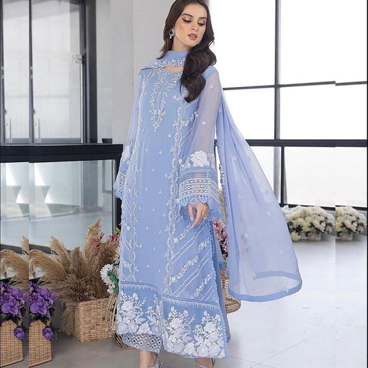 AZURE - LATEST ORGANZA FULL HEAVY EMBROIDERY DRESS WITH ORGANZA DUPPATA •Stuff | Organza *•Thread Embroidered Organza Front•Thread Embroidered Organza Front Daman Border•Thread Embroidered Organza Sleeves•Dyed Organza Back•Thread Embroidered Organza Neck•