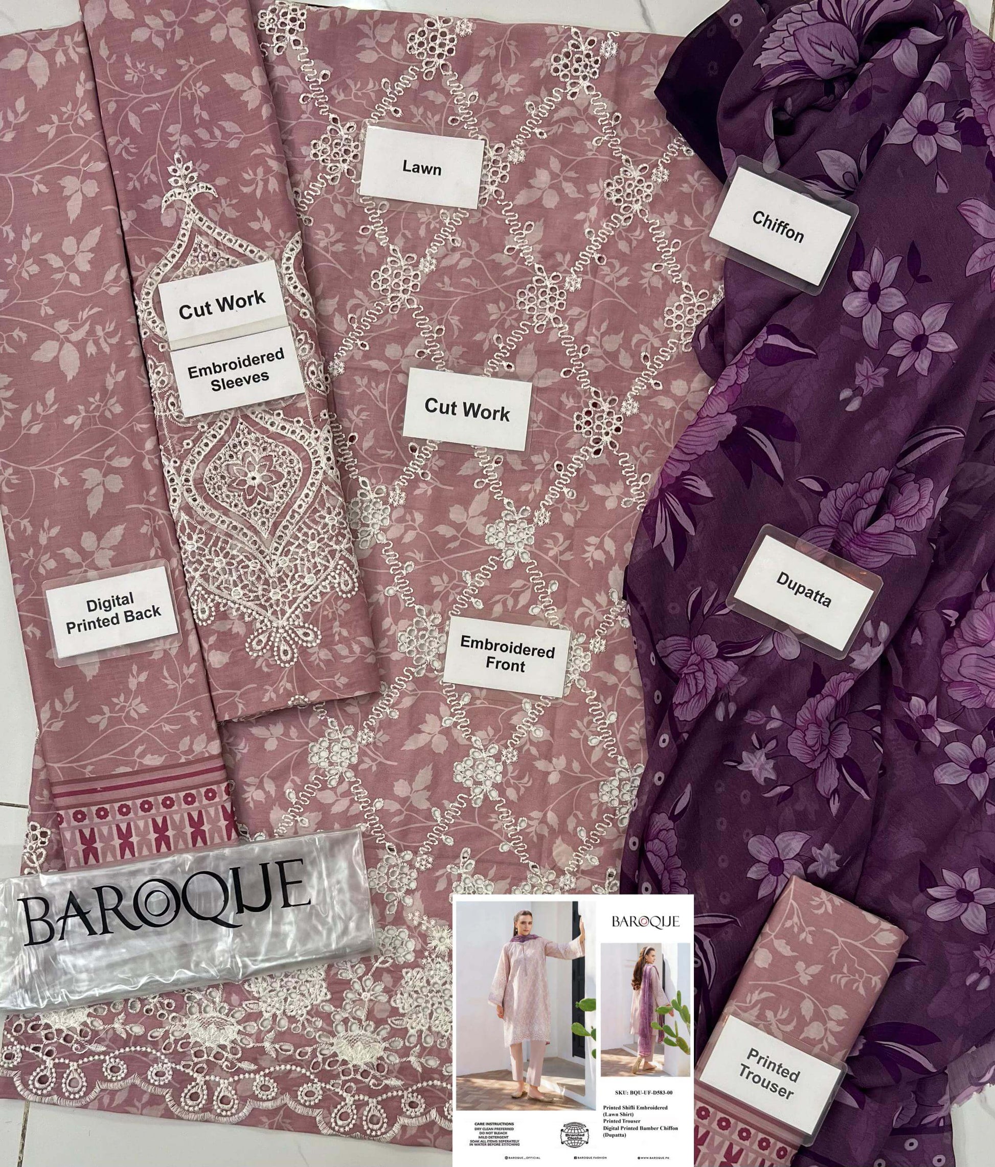 Baroque - D583 Lawn & Chiffon Collection Discover elegance redefined with Baroque's D583 collection, blending luxurious lawn and chiffon fabrics to create a stunning ensemble: Shirt: Adorned with a digital printed 90/70 lawn front and back, highlighted by