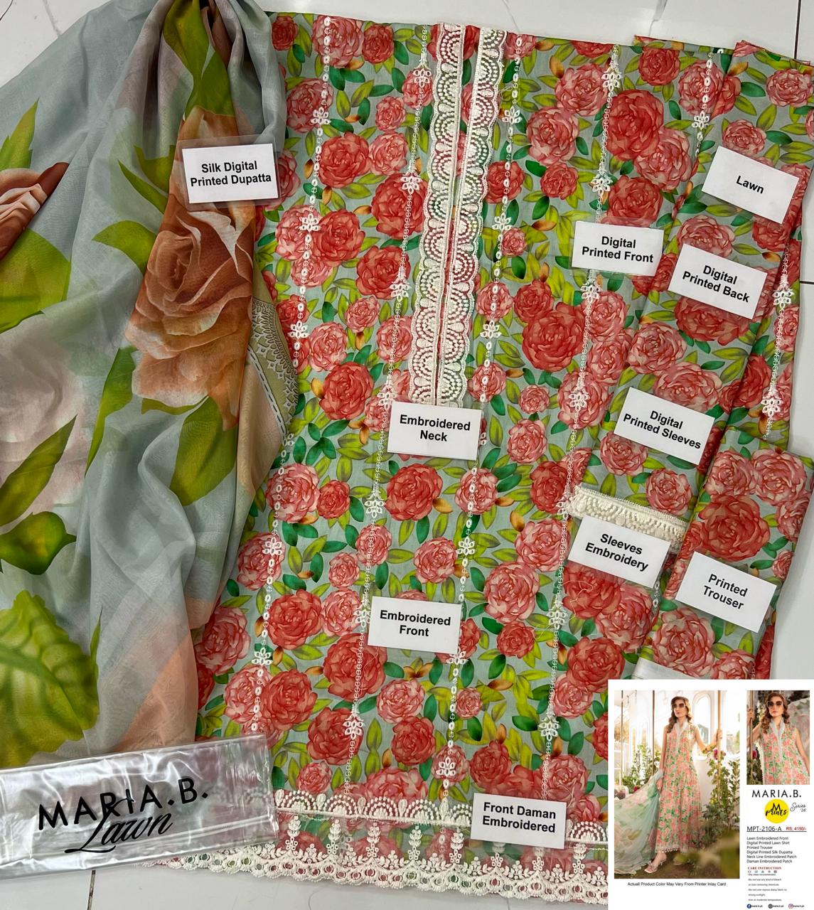 MARIA B Lawn & Silk Ensemble" "Discover MARIA.B's exquisite ensemble featuring a blend of lawn and silk fabrics. Detailed with digital prints, sequin embroidery, and embroidered patches for a luxurious appeal." Product Details: Digital printed 90/70 lawn