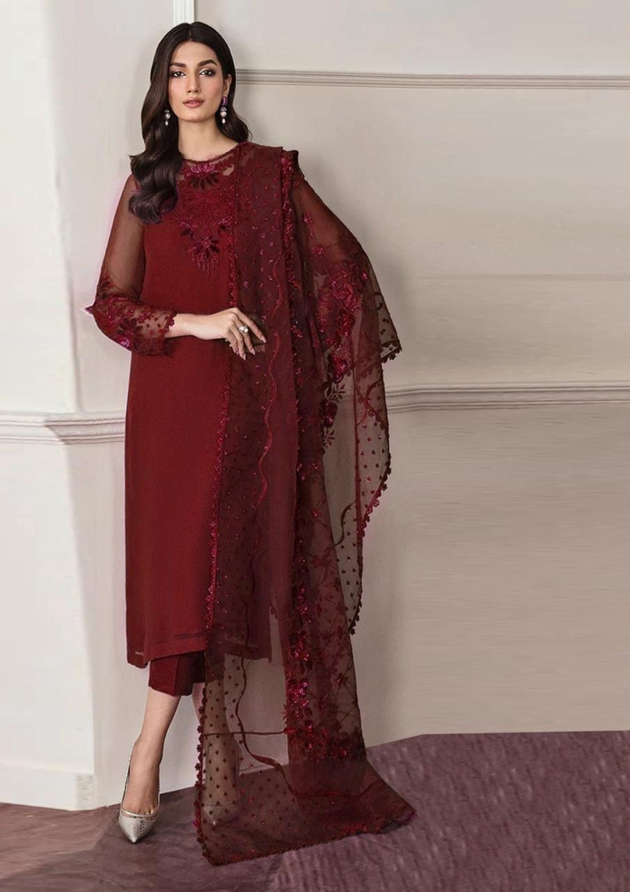 Baroque Embroidered Chiffon & Organza Ensemble - Maroon  | Semi Formal