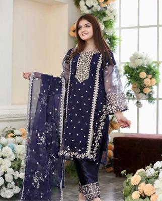 3 Pcs Women's Stitched Organza Embroidered Suit