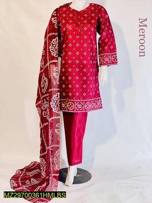 3 Pcs Women's Stitched Katan Silk Printed Suit