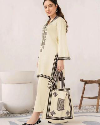 2 Pcs Women's Stitched Linen Printed Suit With Hang Bag