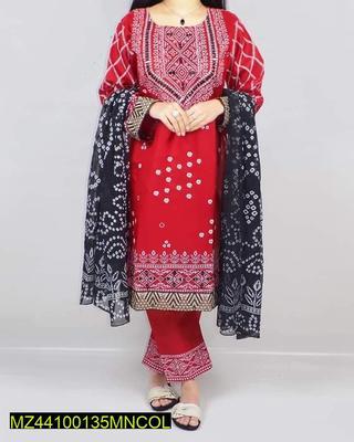 3 Pcs Women's Stitched Katan Silk Printed Suit