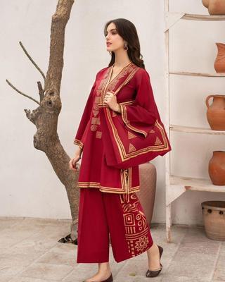 2 Pcs Women's Stitched Linen Printed Suit With Hang Bag