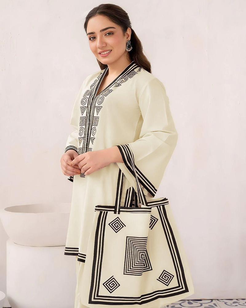 2 Pcs Women's Stitched Linen Printed Suit With Hang Bag