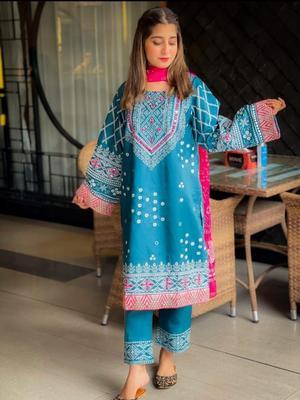 3 Pcs Women's Stitched Katan Silk Printed Suit