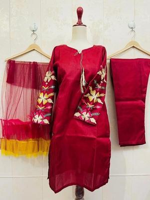 3 Pcs Women's Stitched Katan Silk Embroidered Suit