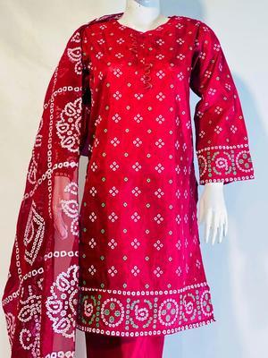 3 Pcs Women's Stitched Katan Silk Printed Suit